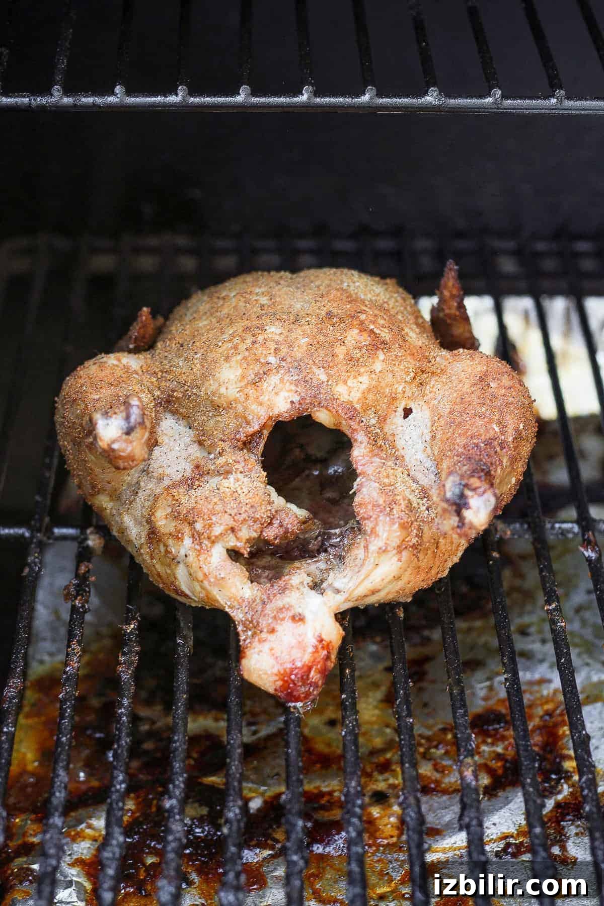 A whole chicken on the smoker.
