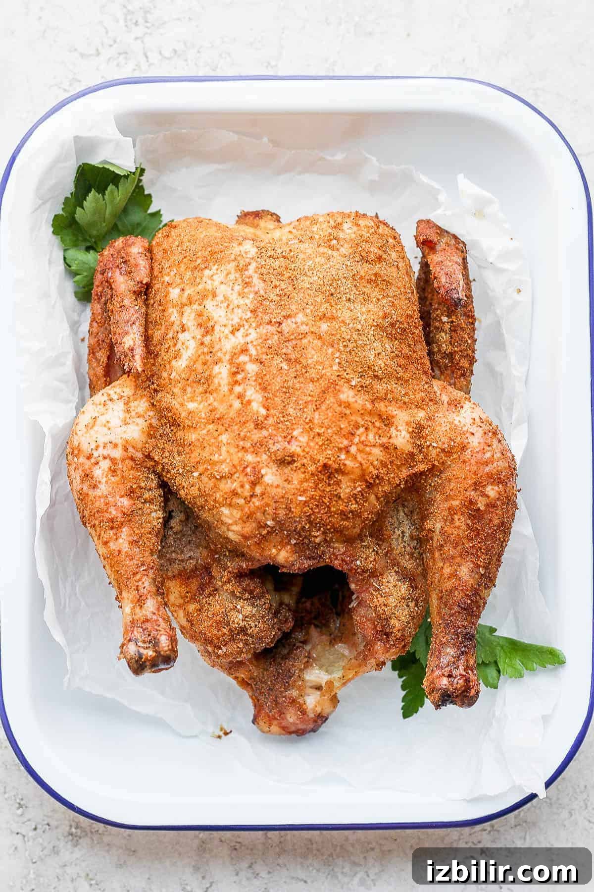A whole smoked chicken in a pan.