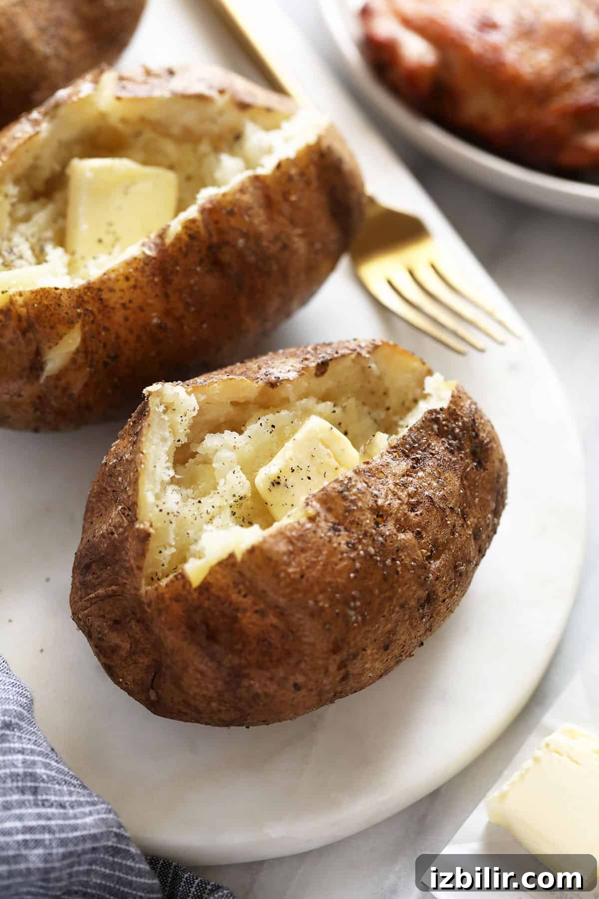 Smoked baked potatoes - fork tender every time butter, salt, and pepper in baked potato