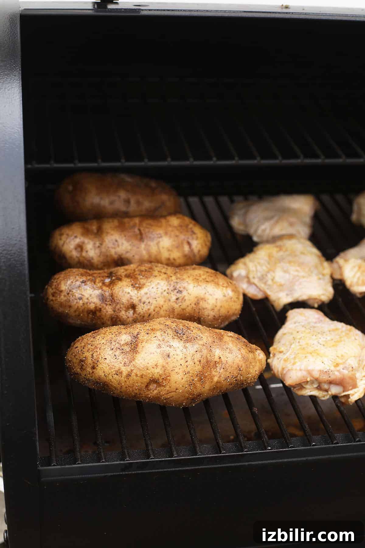 Cook potatoes alongside chicken or other mains baked potatoes on smoker with chicken thighs