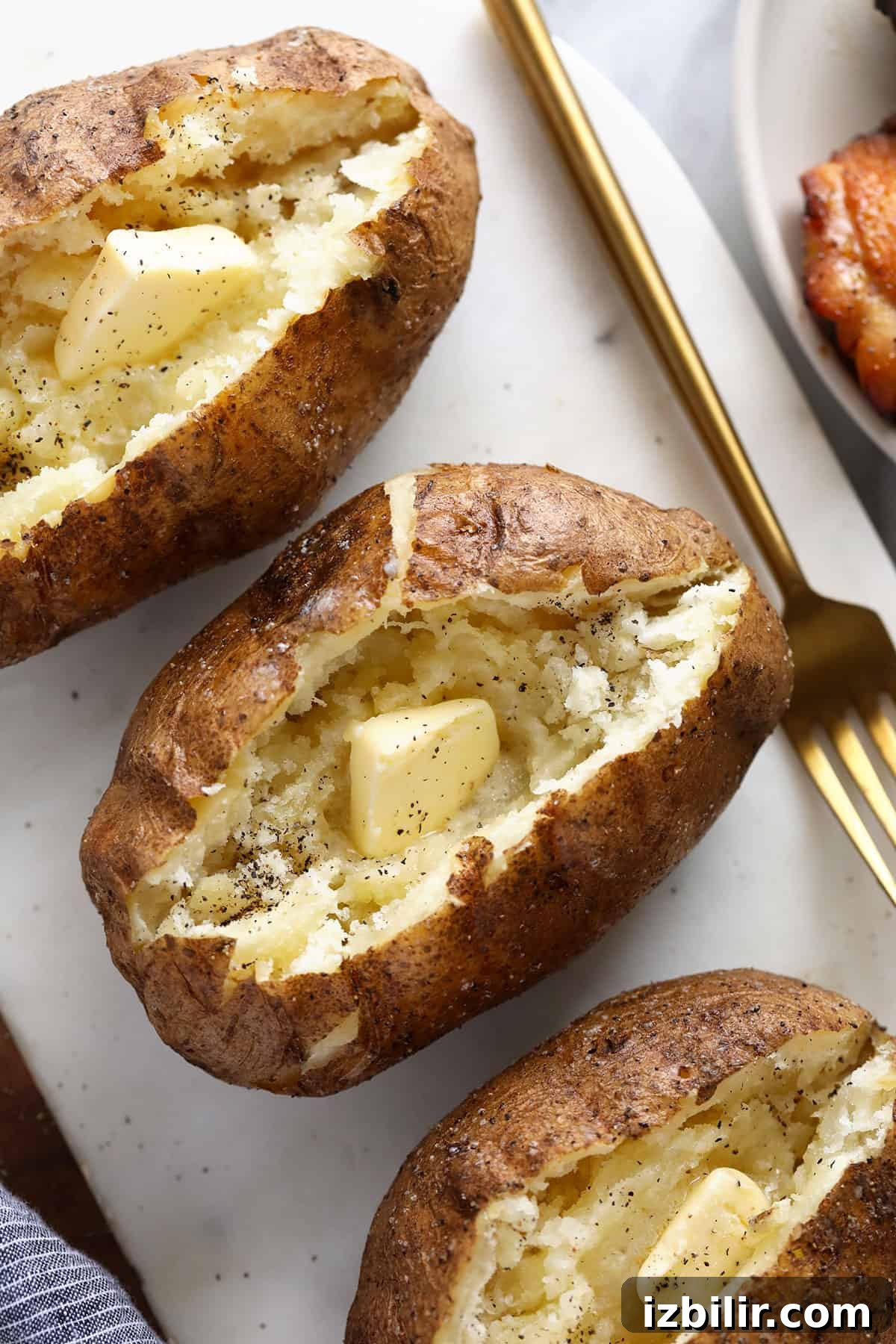 Serve with butter and your favorite toppings baked potatoes with cutting board and butter