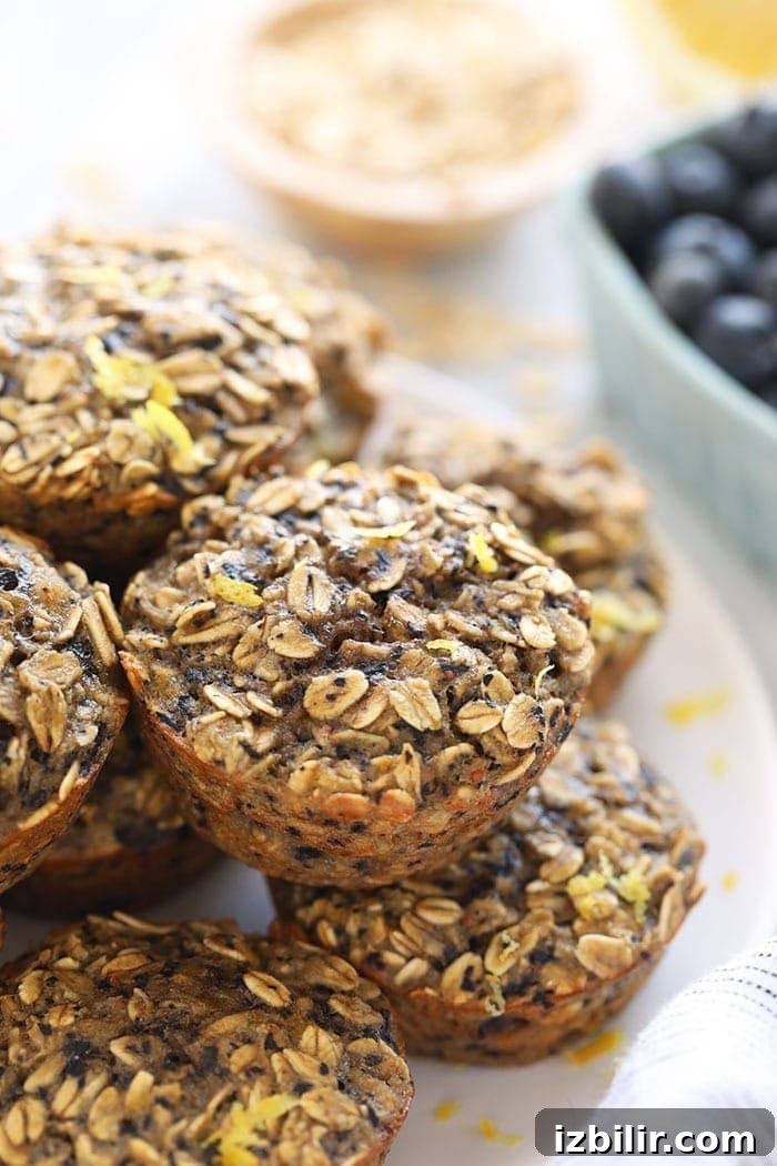 These fresh and flavorful Lemon Blueberry Baked Oatmeal Cups are a healthy breakfast idea made with whole grains. oatmeal muffin cups on plate