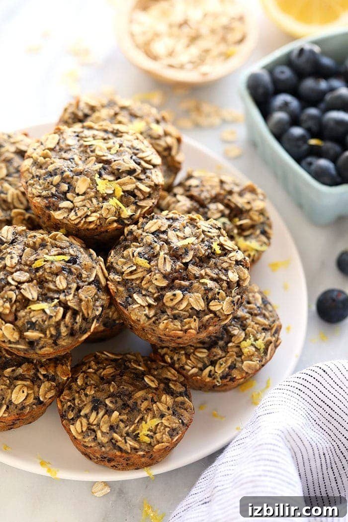 The tastiest little baked oatmeal cups you ever did see. Your tastebuds are going to go wild for these healthy Lemon Blueberry Oatmeal Cups. baked oatmeal muffin cups on plate