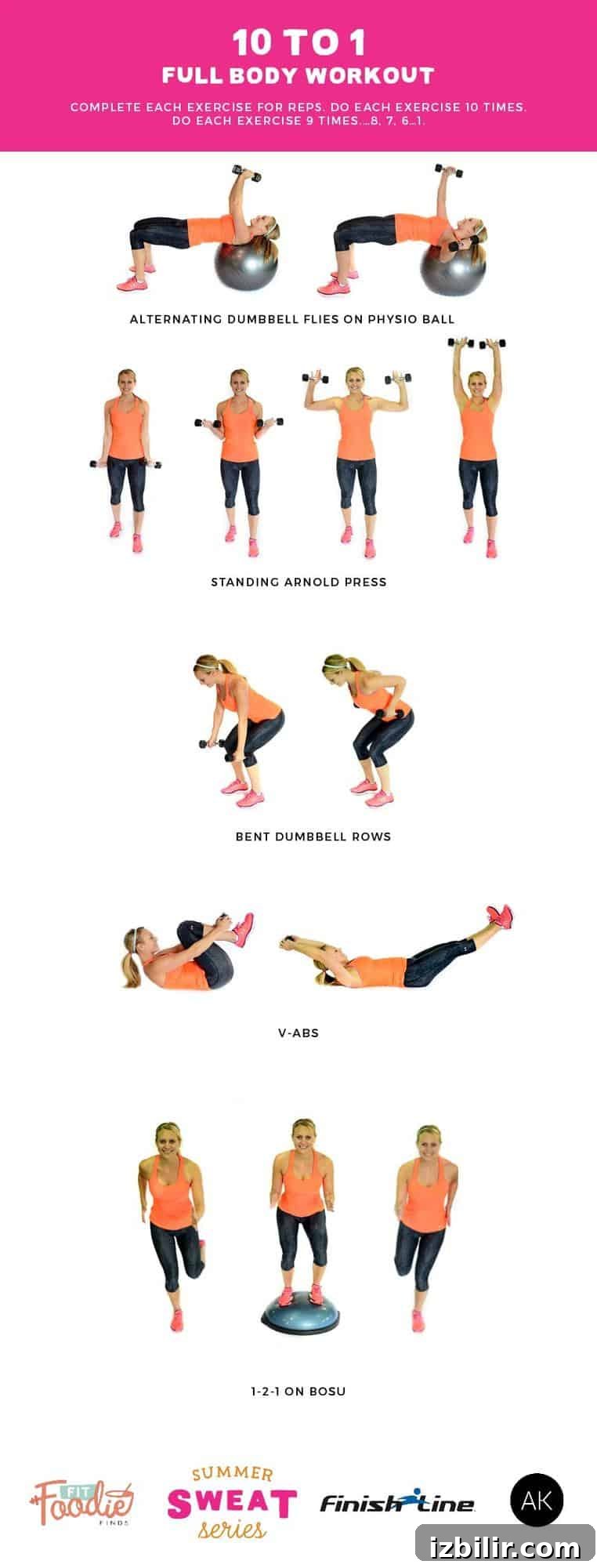 10-to-1 Full-Body Workout: Summer SWEAT Series 2 Do this 10 to 1 full body workout that focuses on strength training and is circuit based! By the end you'll be dripping with sweat! Sponsored by Finish Line as part of the #SummerSWEATSeries.