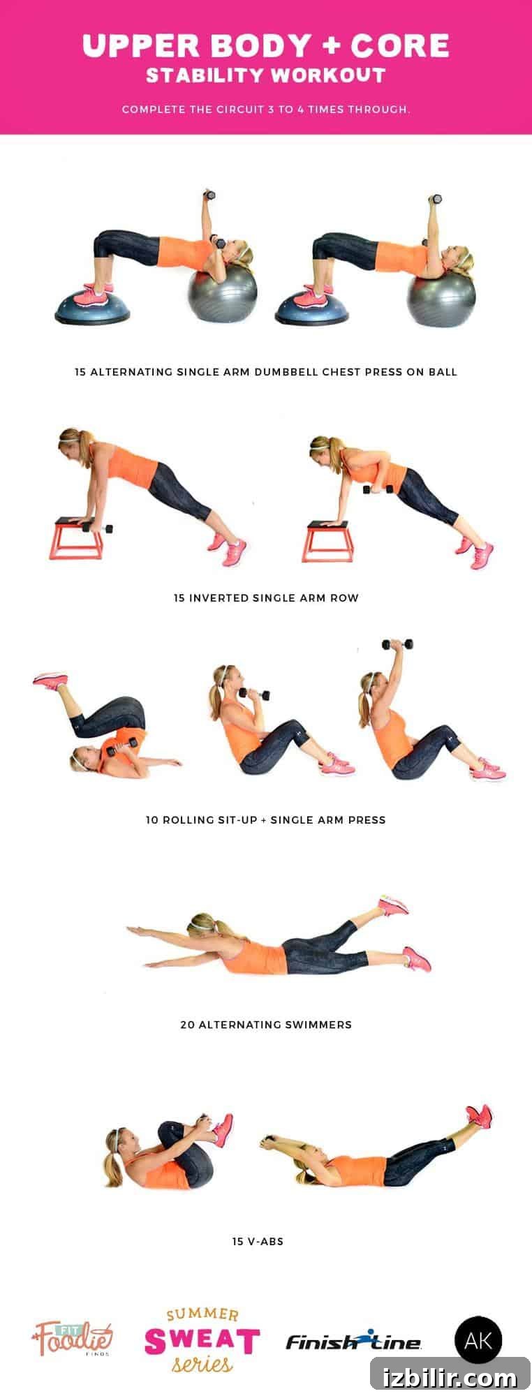 Summer Sweat: Upper Body and Core Stability Workout 2 Do this stability workout that combines upper body strength and core exercises for a fun, yet challenging workout that strengthens your midsection. Sponsored by Finish Line as part of the #SummerSWEATSeries.