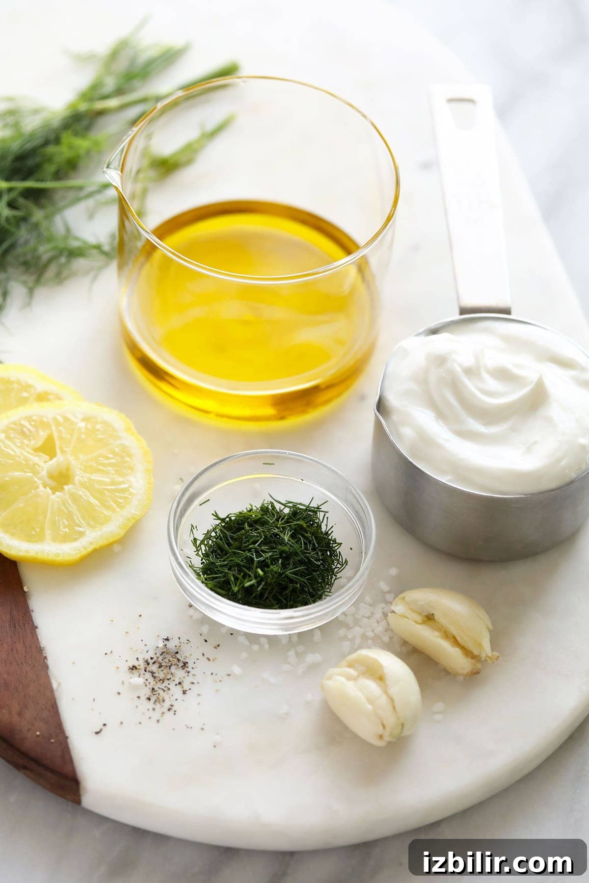 Dressing ingredients Greek yogurt salad dressing ingredients on cutting board