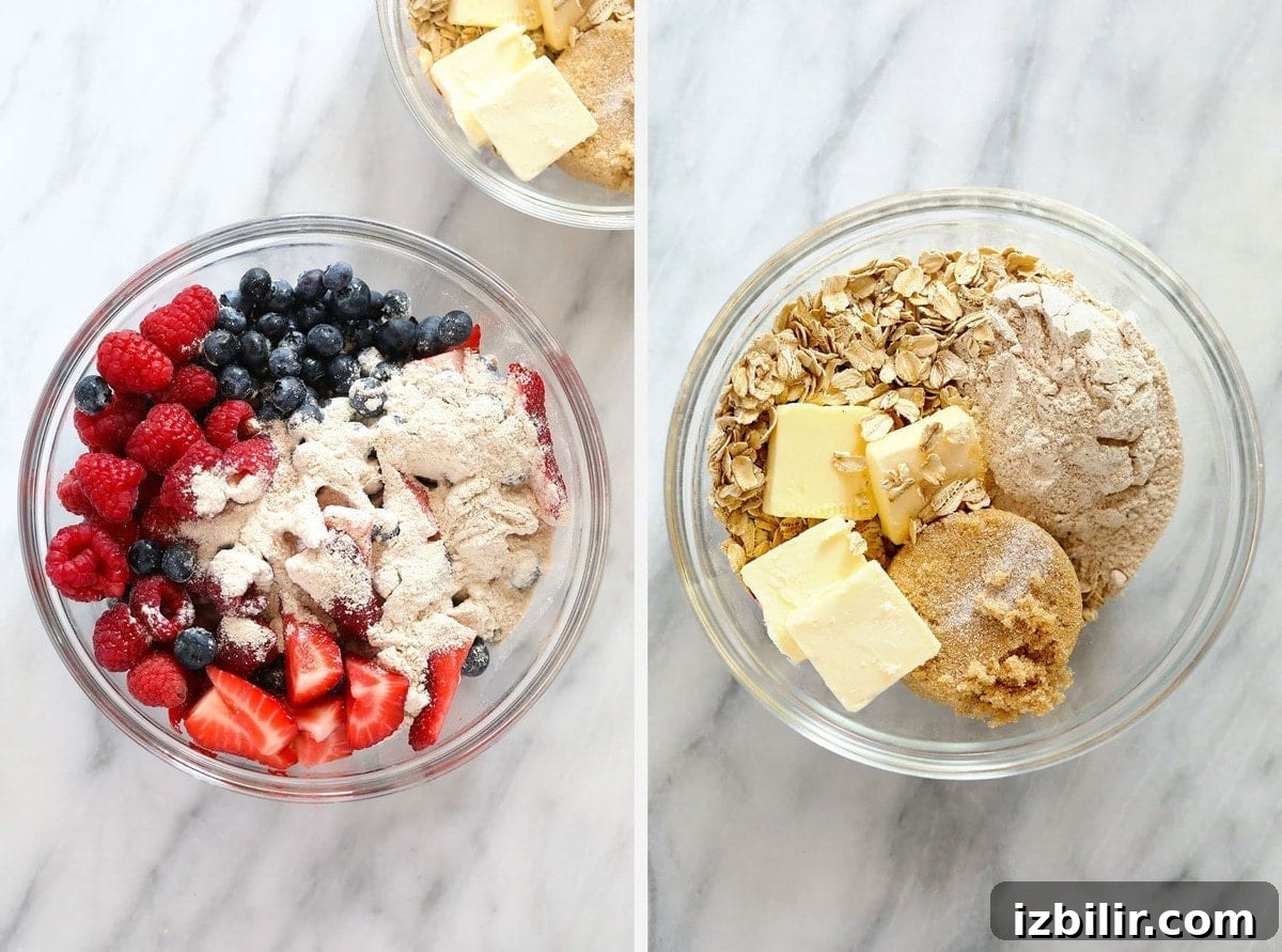 A berry crisp recipe made in less than an hour with fresh berries and a deliciously sweet homemade crumble topping! ingredients shots of the filling and topping