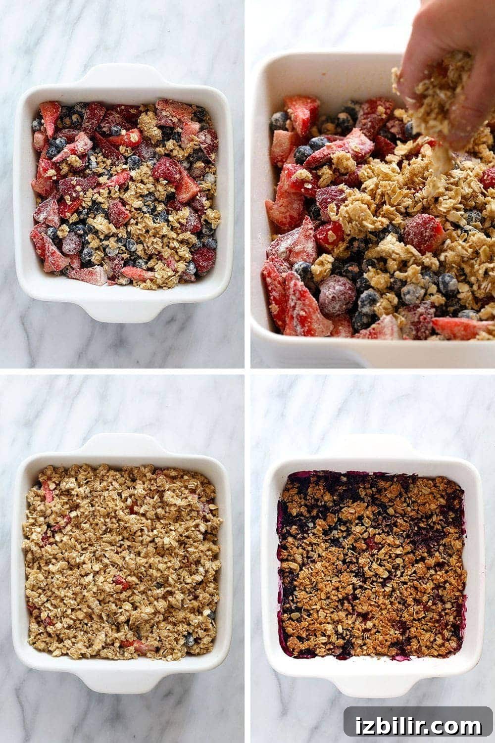 The best summer dessert is this triple berry crumble made with 3 different kinds of fresh berries (frozen works too!) and an oat-based crumble topping sweetened with brown sugar. process photos preparing the berry crisp in a white dish