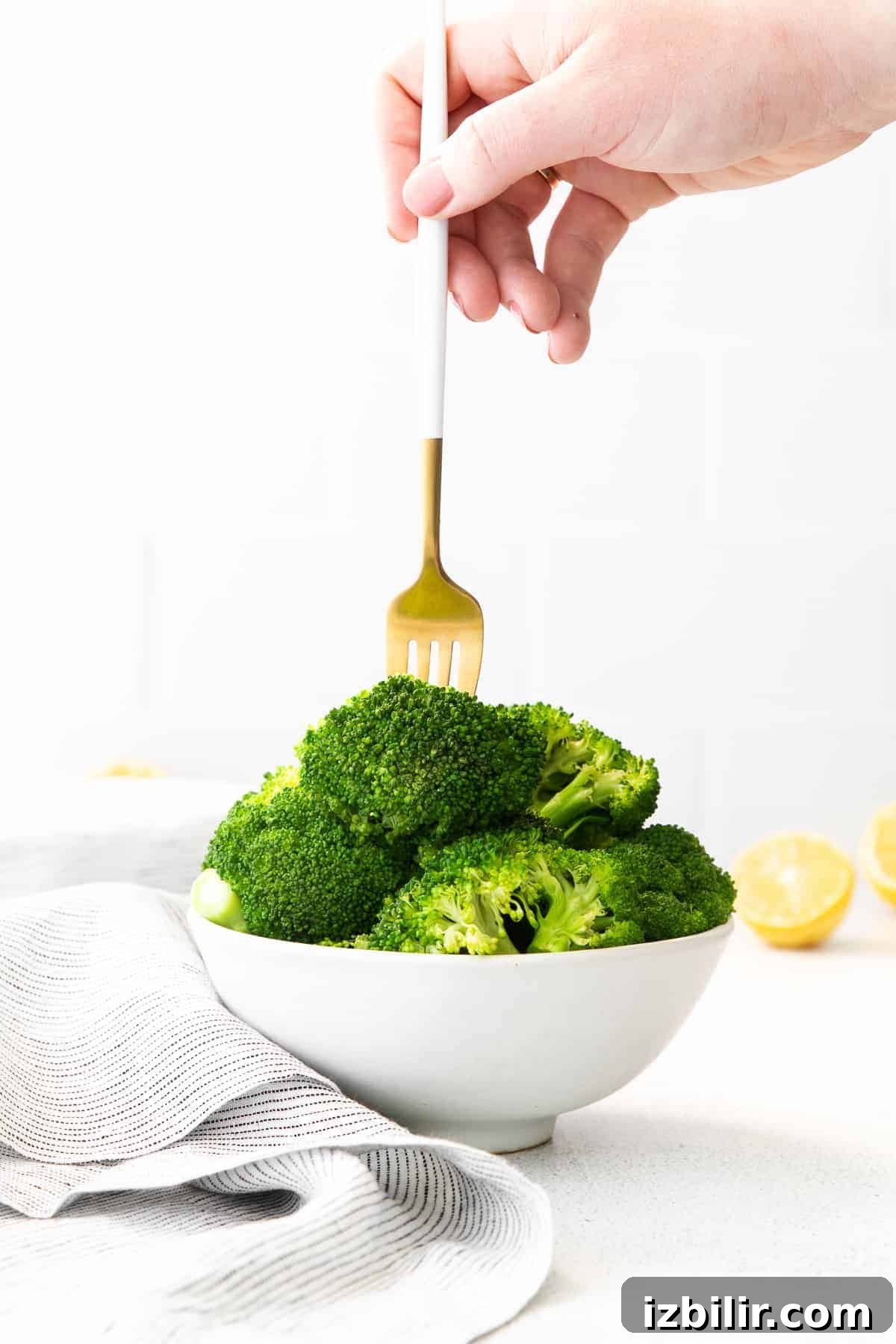 Forking a piece of steamed broccoli. forking a piece of broccoli