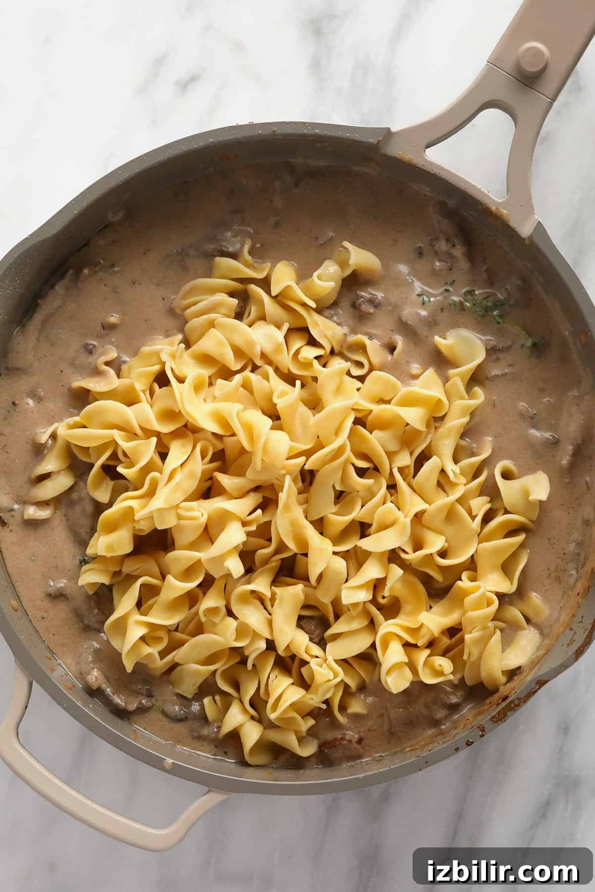 Classic beef stroganoff with egg noodles in a pan.