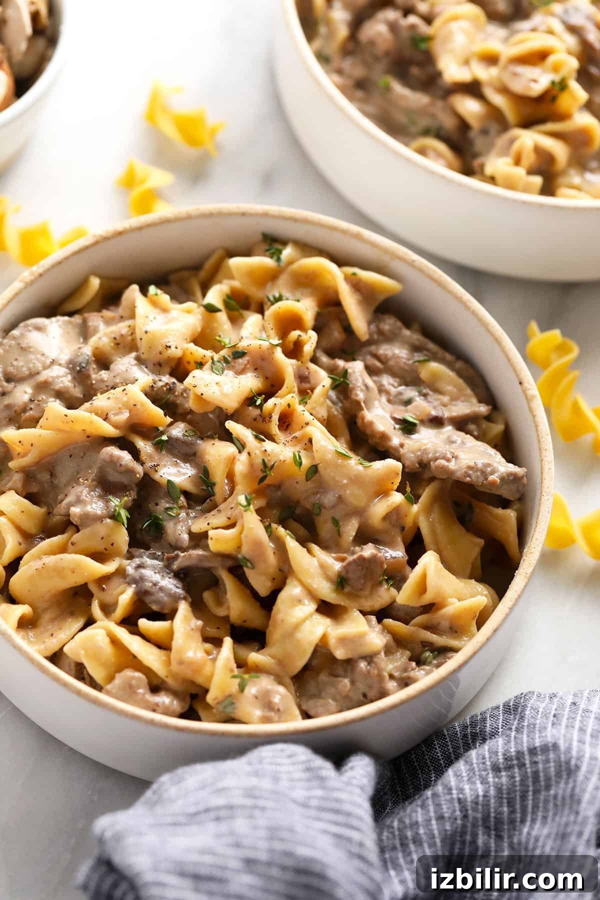 Classic beef stroganoff in a bowl.