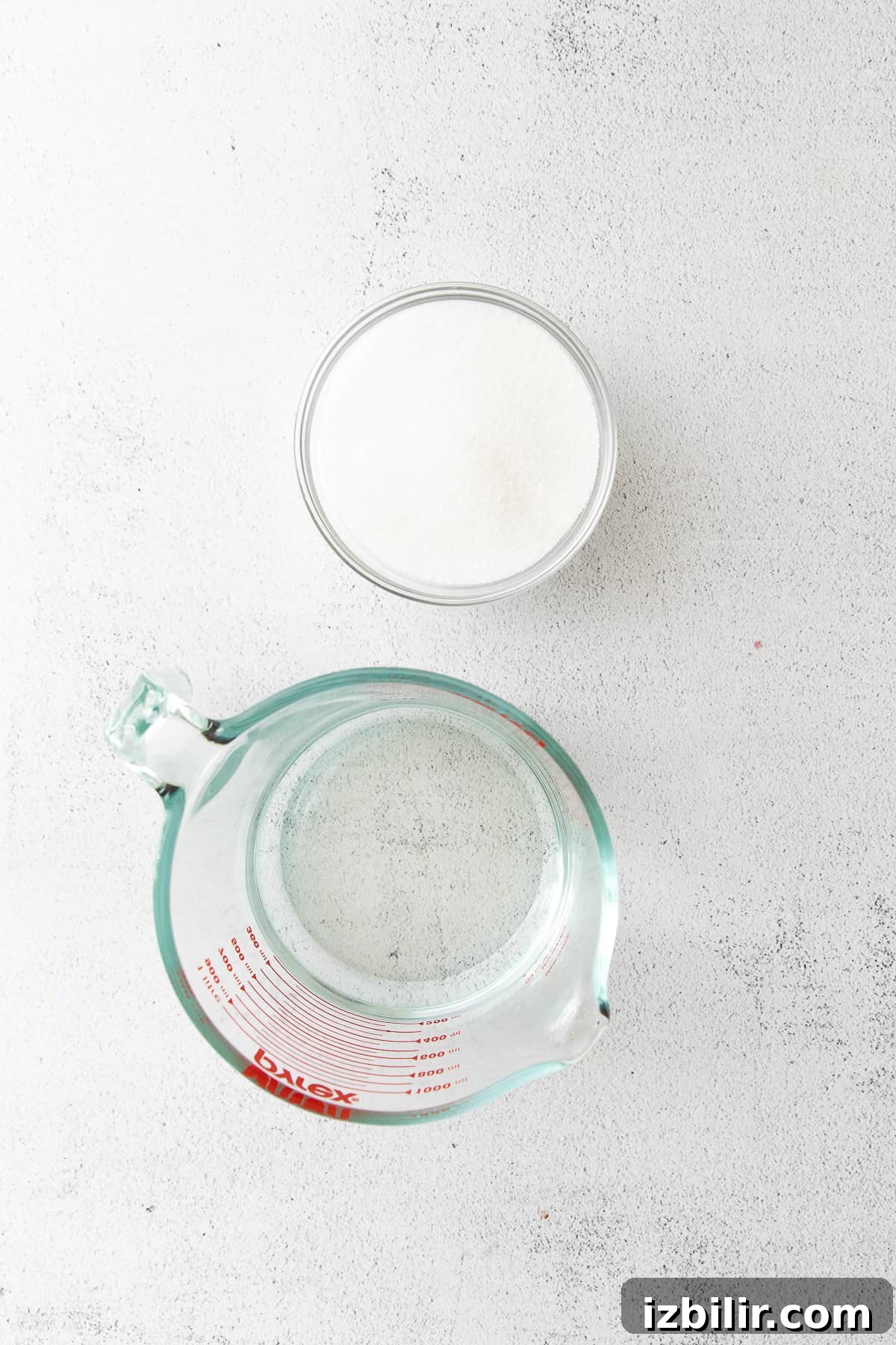 water and sugar in bowls