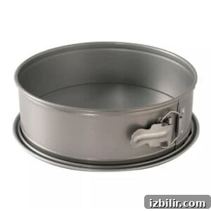 Classic Creamy Greek Yogurt Cheesecake Recipe 2 A Greek yogurt cheesecake baked in a metal cake pan with a handle.