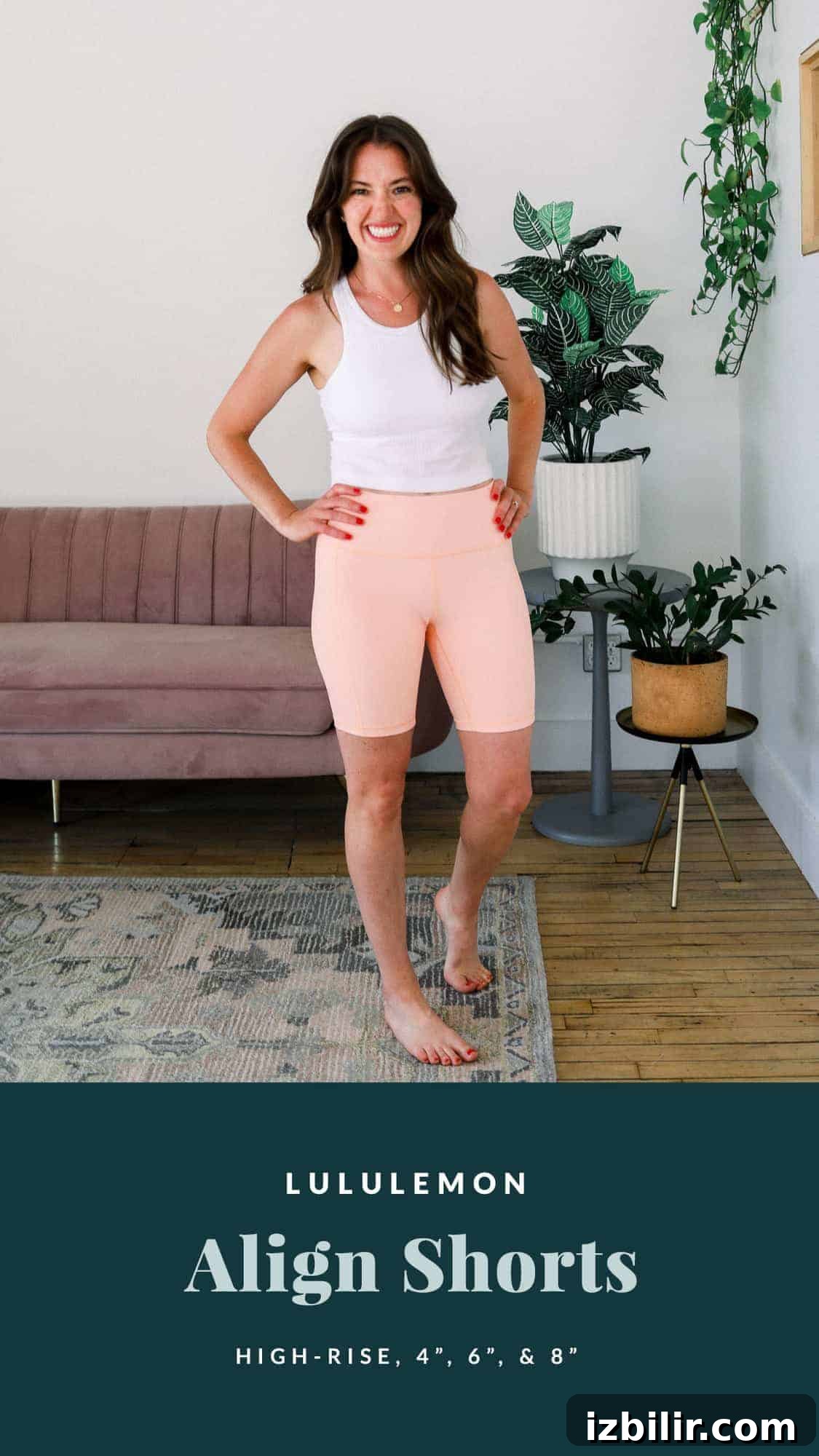 linley wearing lululemon align shorts in a peach color