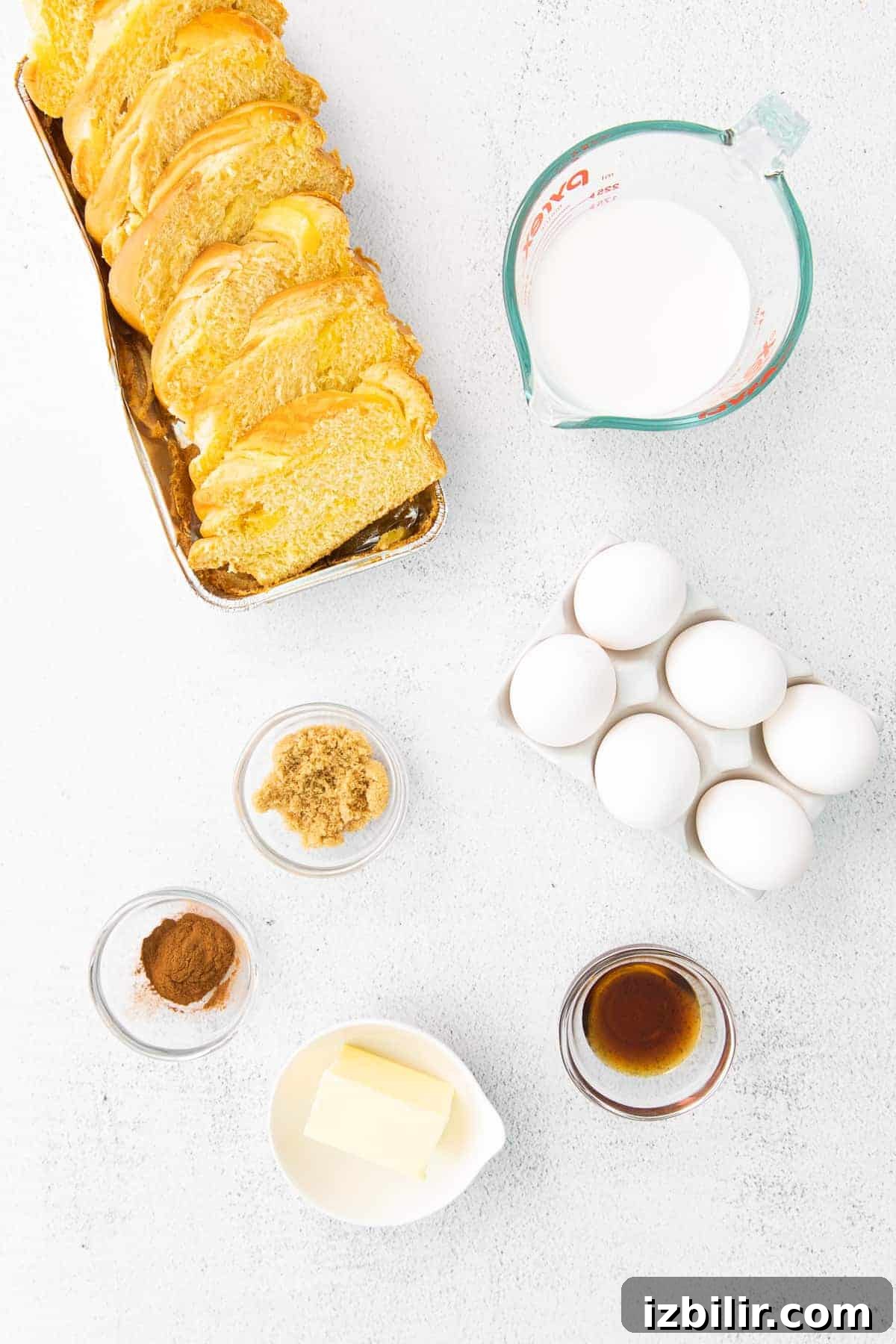 ingredients for french toast laid out on the counter and ready to be prepared