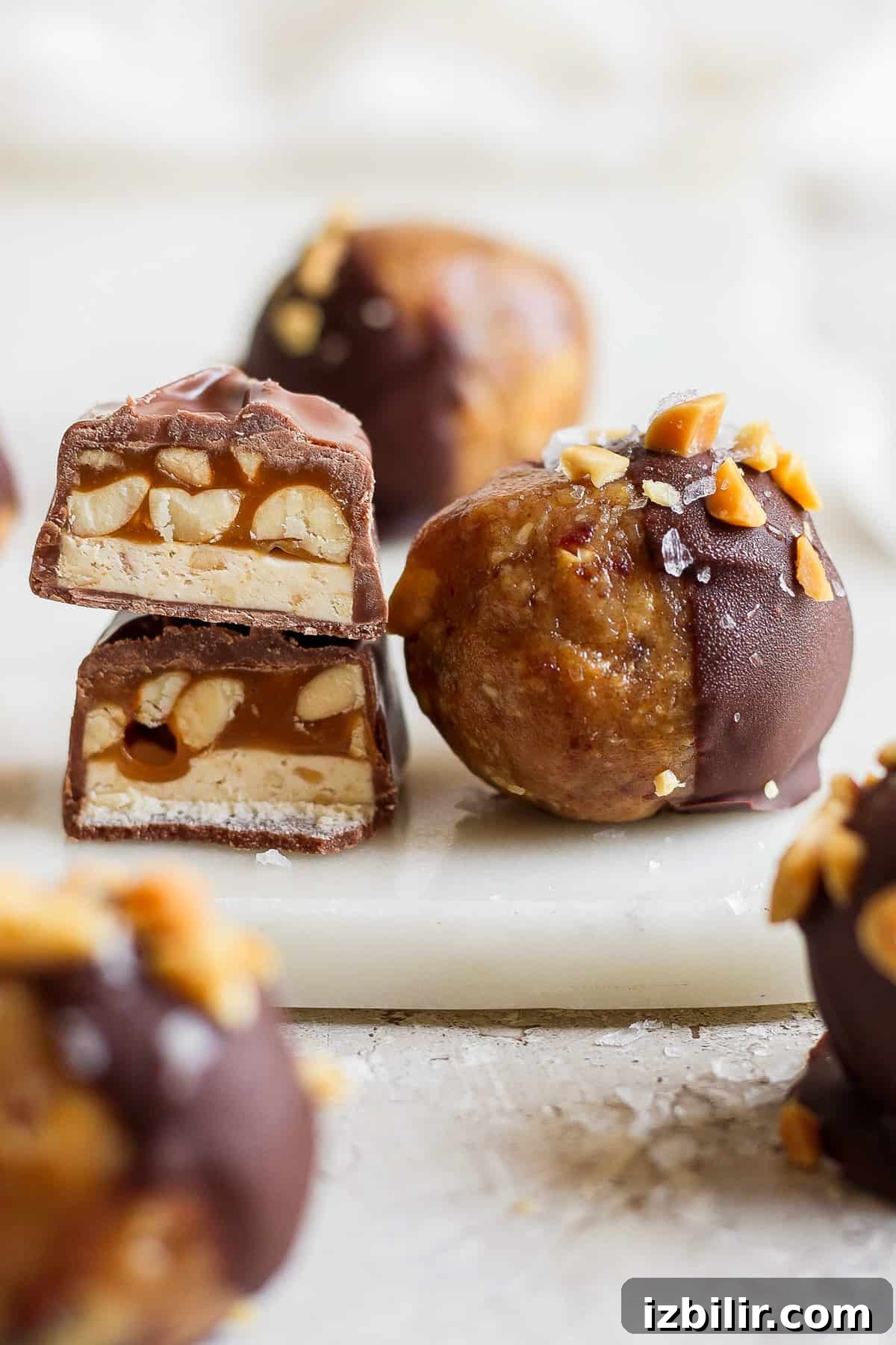 a plate of chocolate covered peanuts on a white plate.