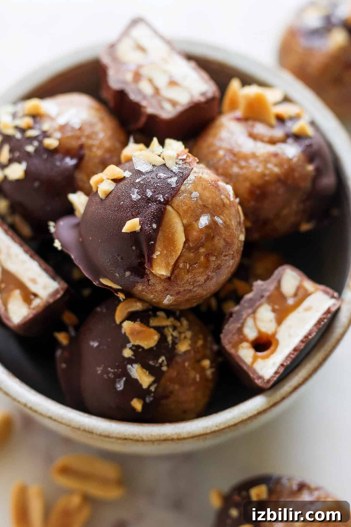 chocolate peanut butter balls in a bowl.
