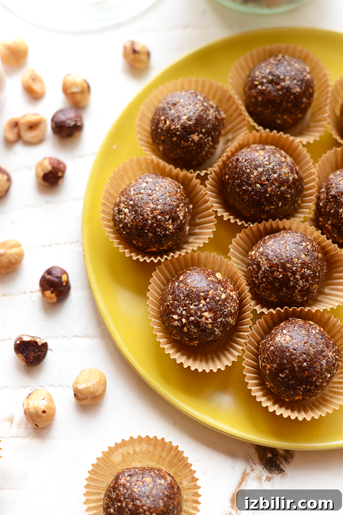 Nutella-style energy balls made from hazelnuts, cocoa, dates, and sea salt