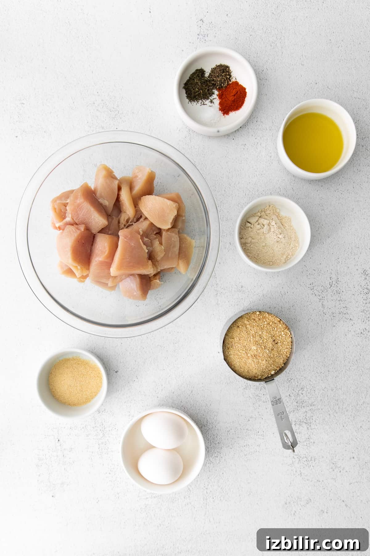 All the ingredients for air fryer chicken nuggets on the counter.