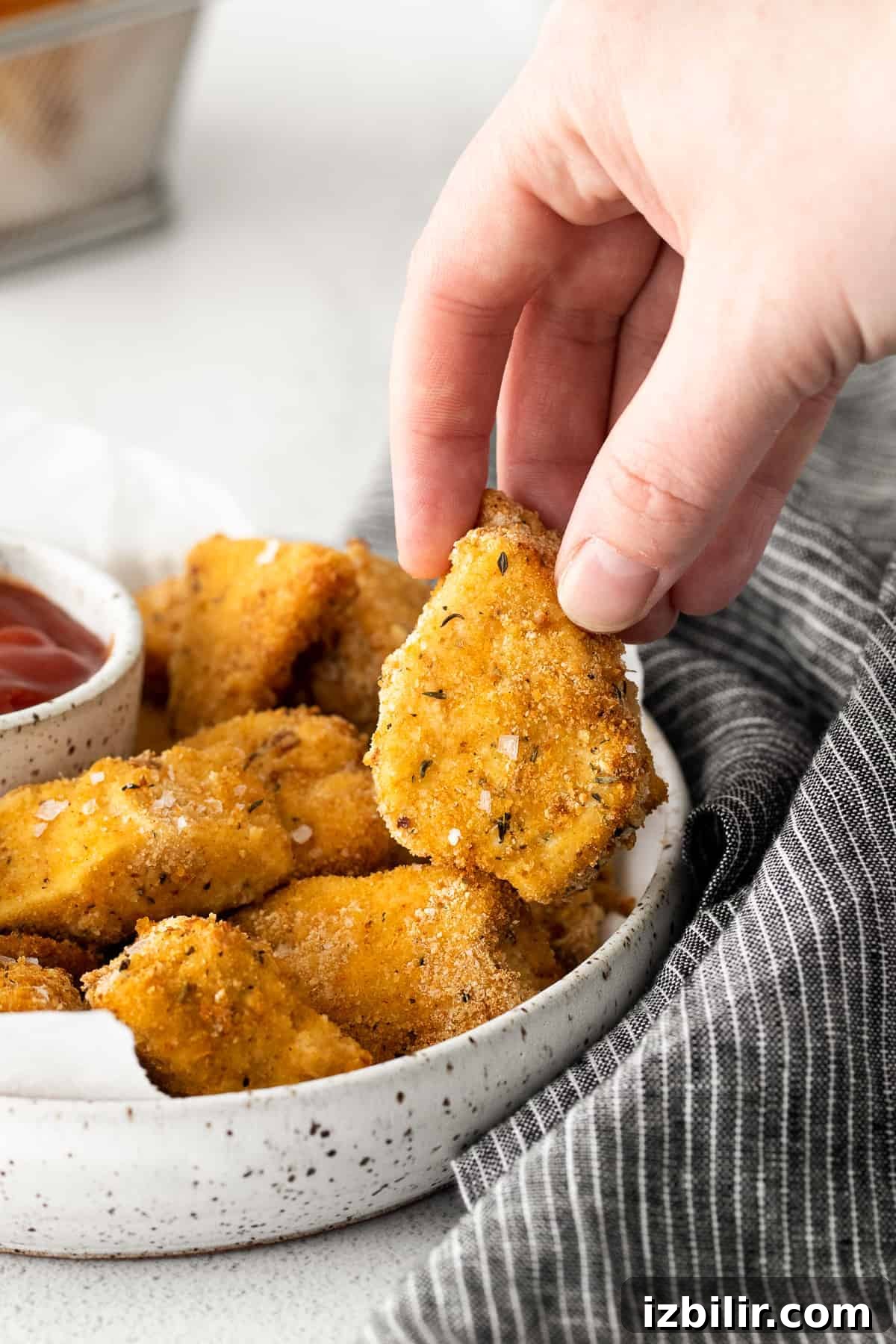 A hand holding an air fryer chicken nugget.