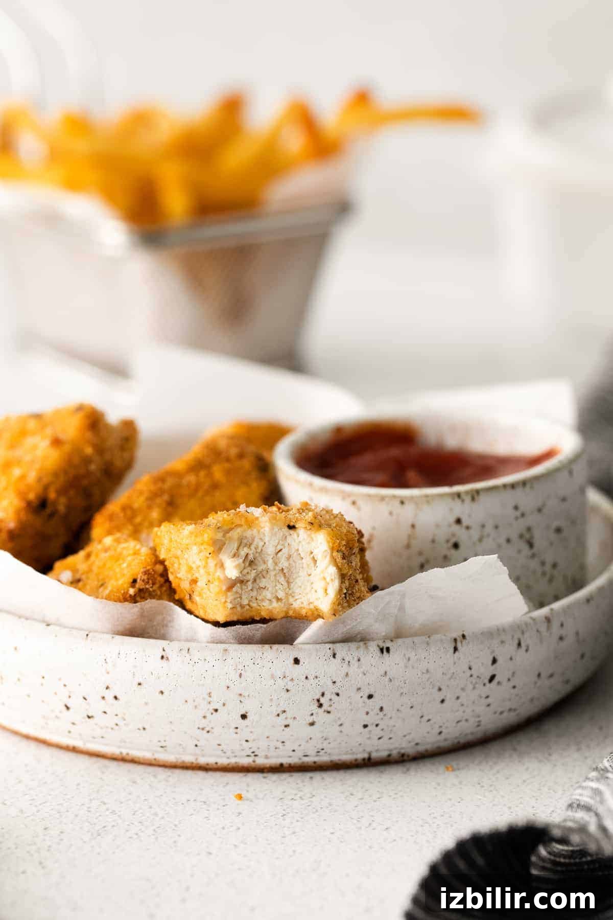 Air fryer chicken nuggets on a plate with BBQ sauce!