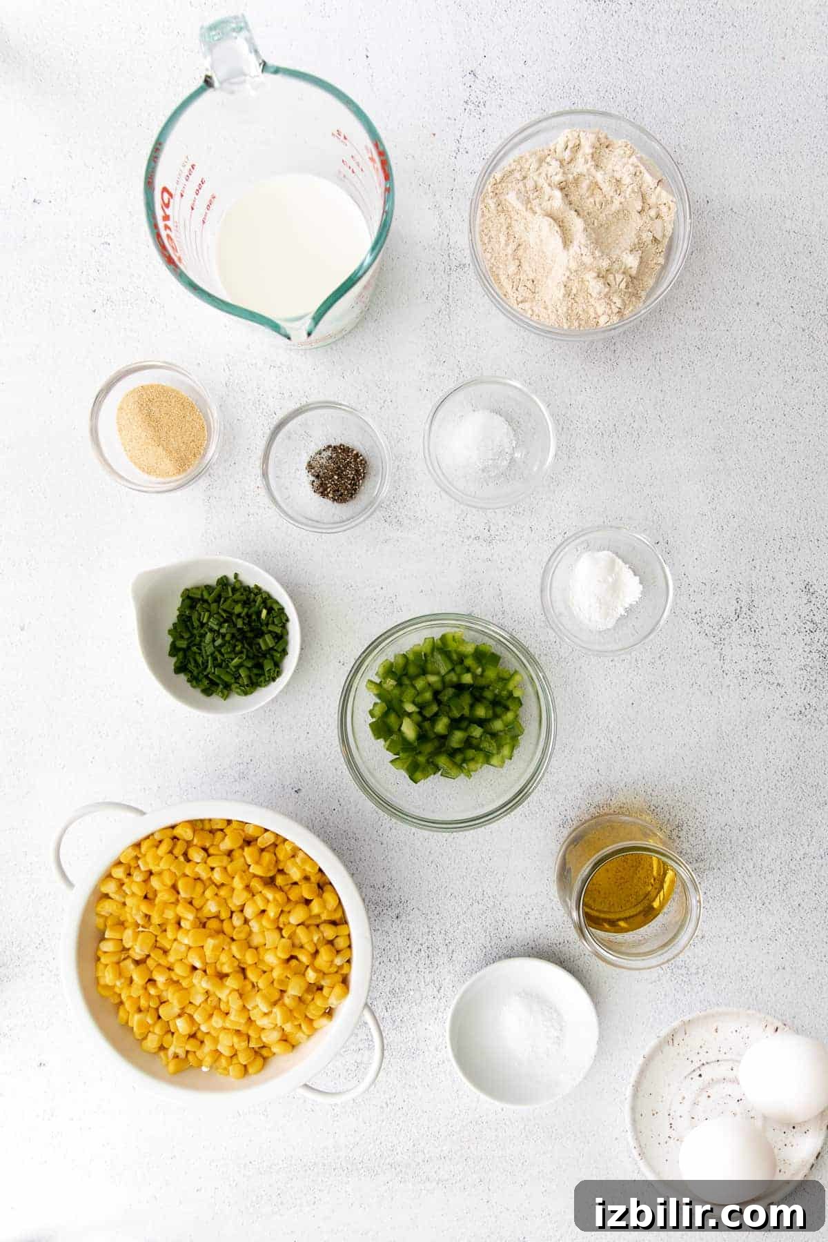 Corn, chives, pickled jalapenos, oil, and spices for corn fritteres. 