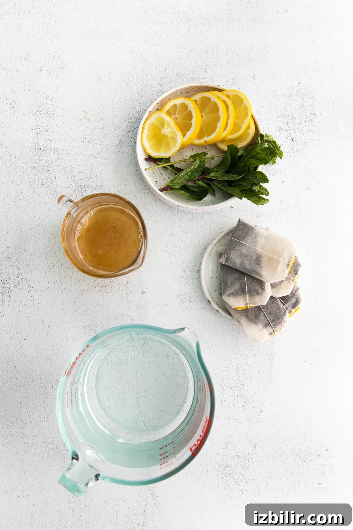 Iced tea ingredients ready to be mixed together for homemade iced tea