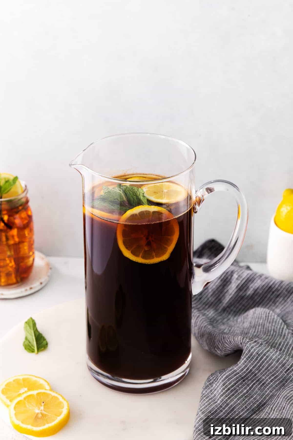 Pitcher of homemade iced tea ready to be served