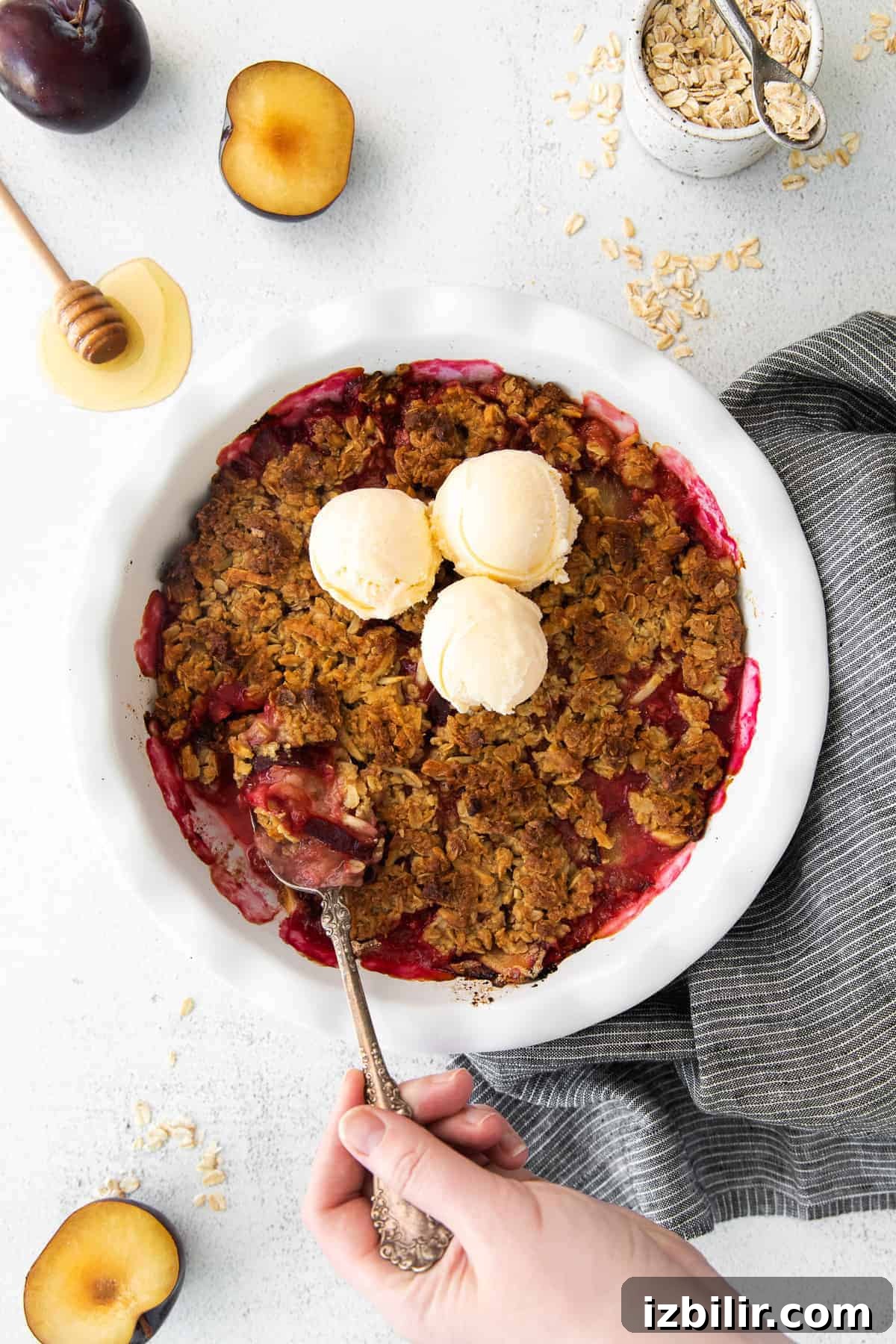 plum crisp in circular dish