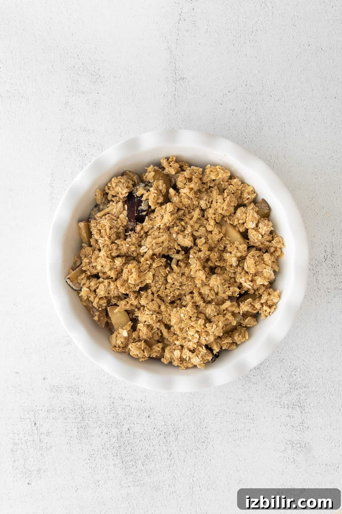 plum crisp in baking dish