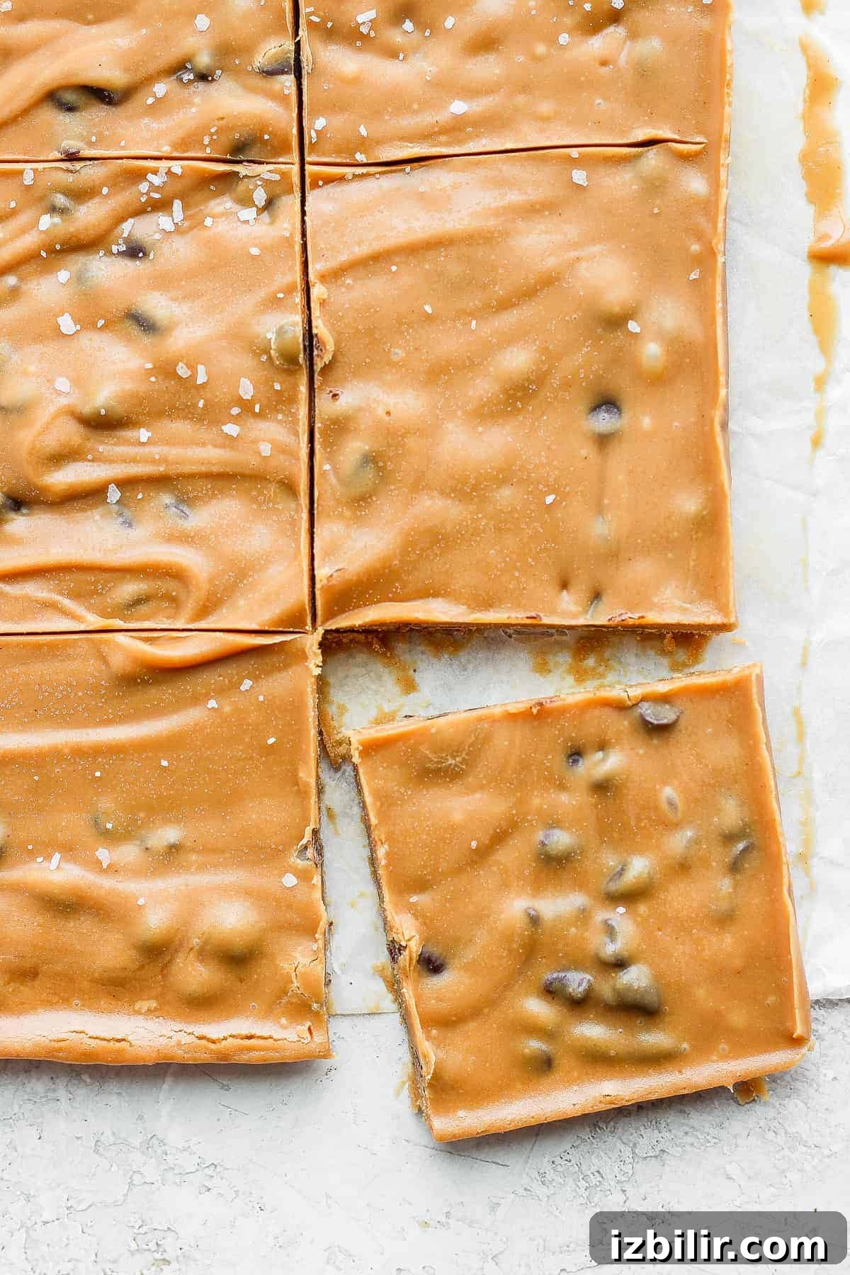 Finished Cookie Dough Freezer Fudge Slices of cookie dough freezer fudge sprinkled with flaked salt