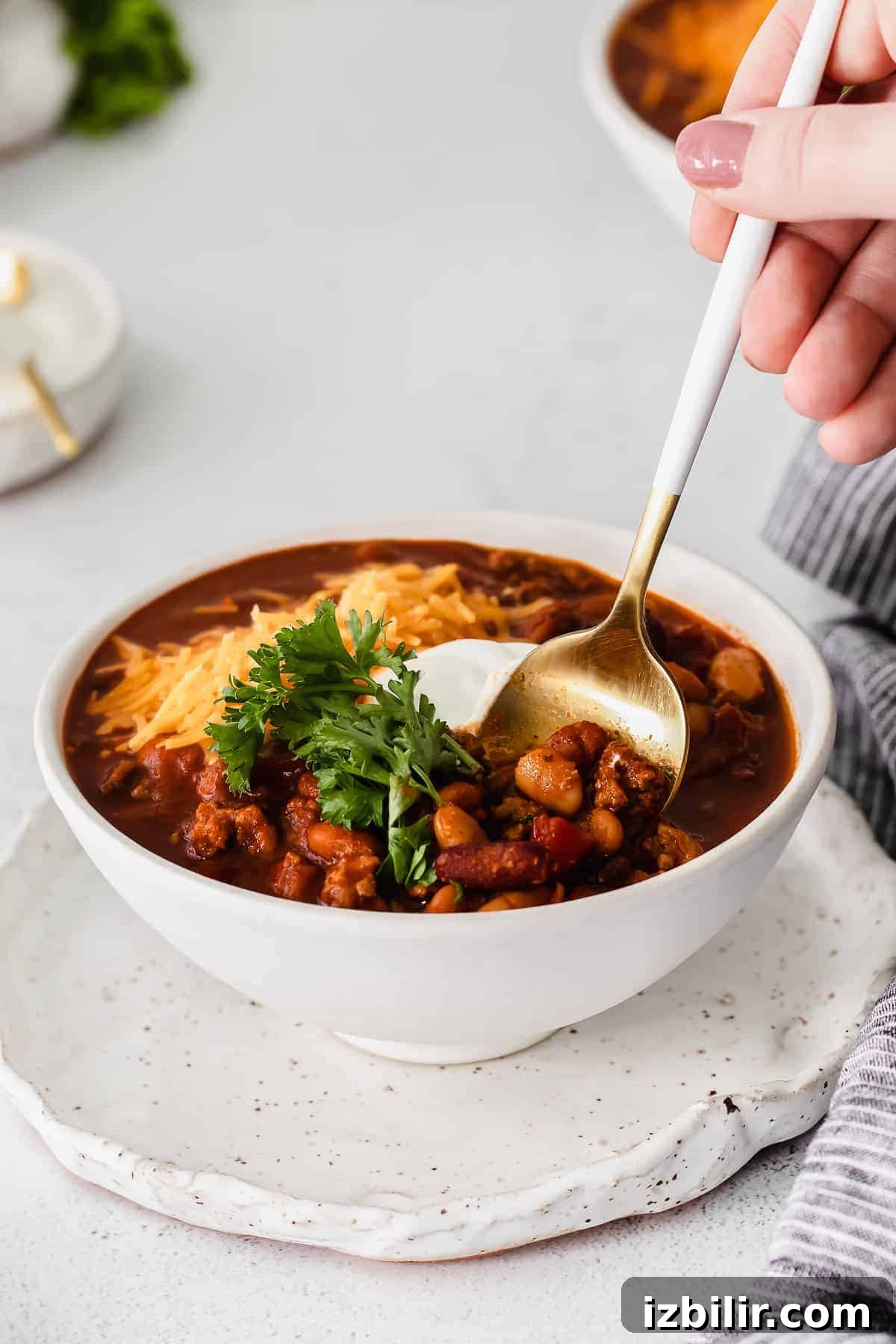 Hearty Instant Pot Beef and Bean Chili 8 instant pot chili in a bowl with a spoon.