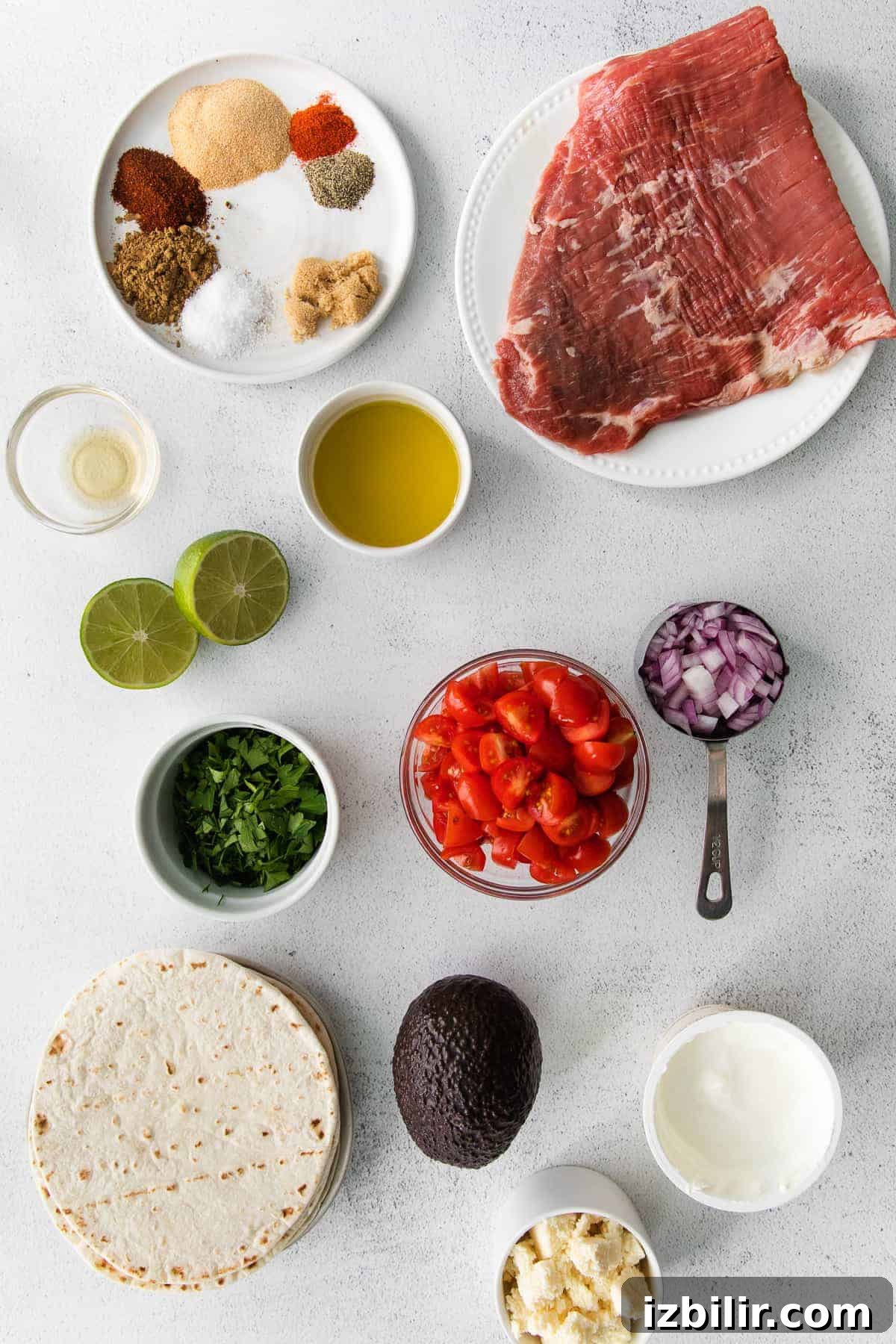 Steak taco ingredients ready to be mixed steak taco ingredients in bowls, ready to be mixed together for steak tacos