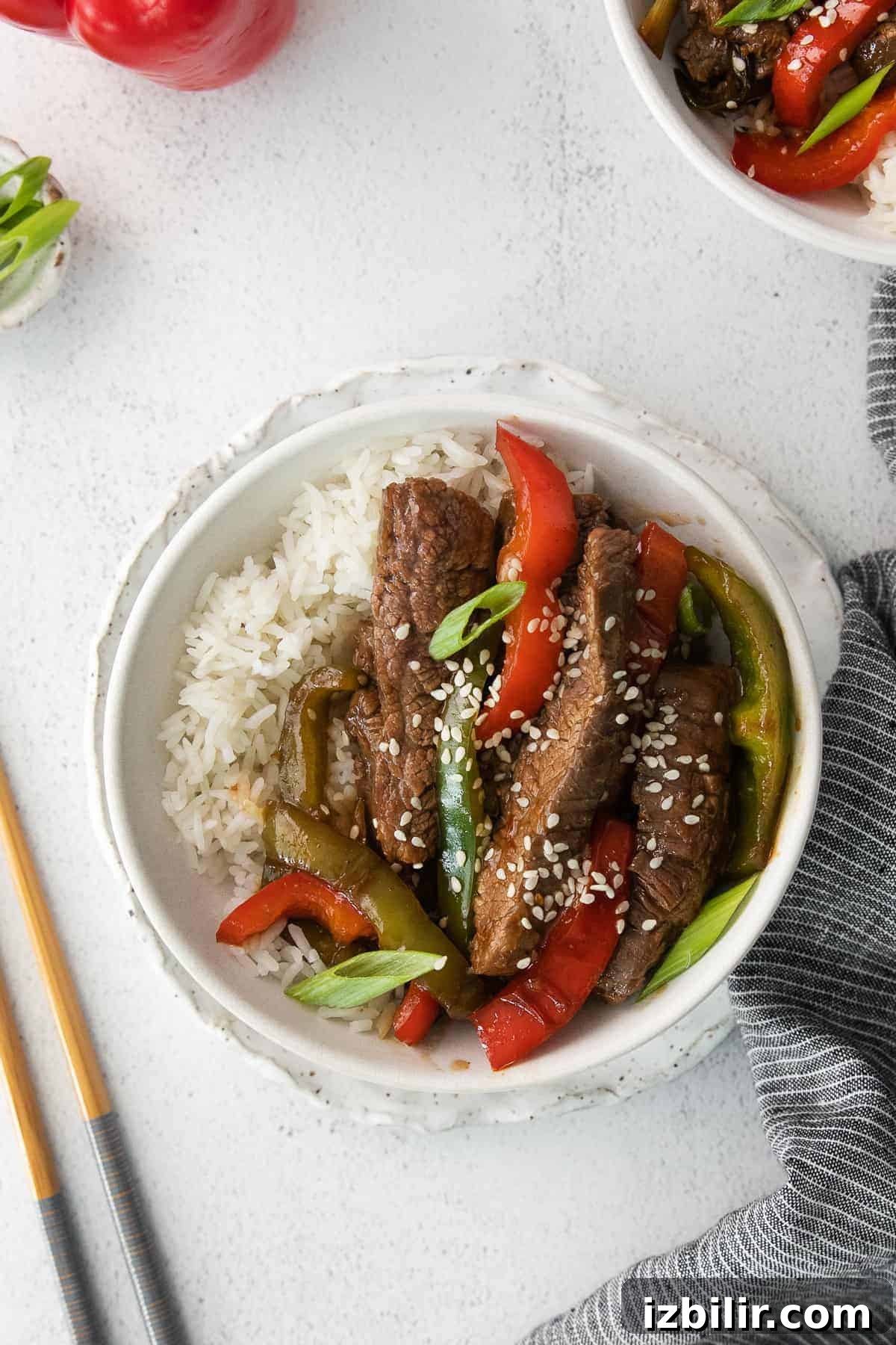 Pepper Steak Recipe: Tender Beef with Bell Peppers 2 Pepper steak over rice