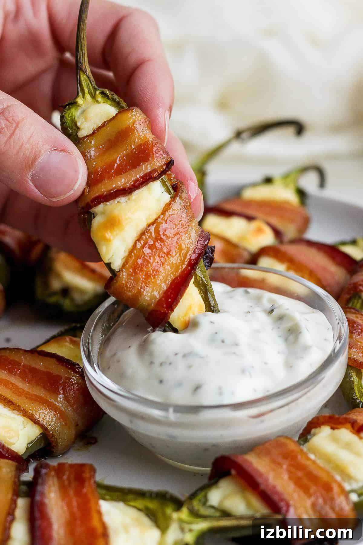 Bacon wrapped jalapenos with dipping sauce.