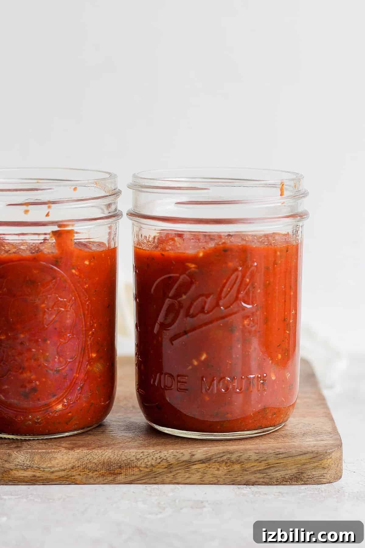 marinara sauce in 2 jars on cutting board