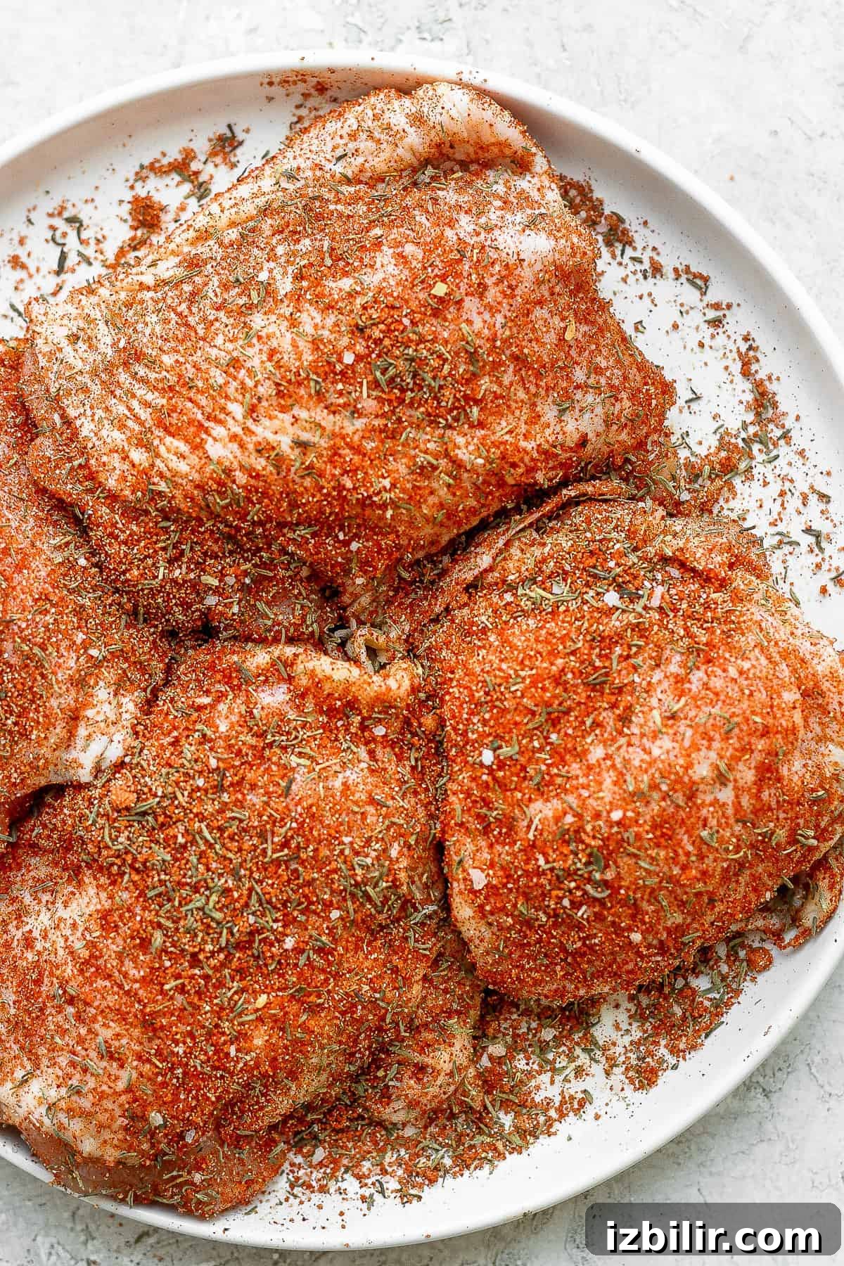 dry rub on chicken thighs on plate