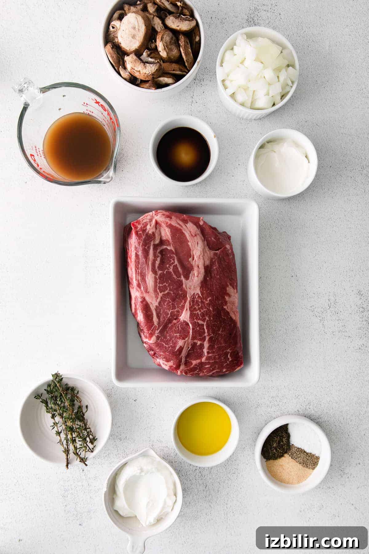 Ingredients for slow cooker beef stroganoff ingredients for slow cooker beef stroganoff in bowls
