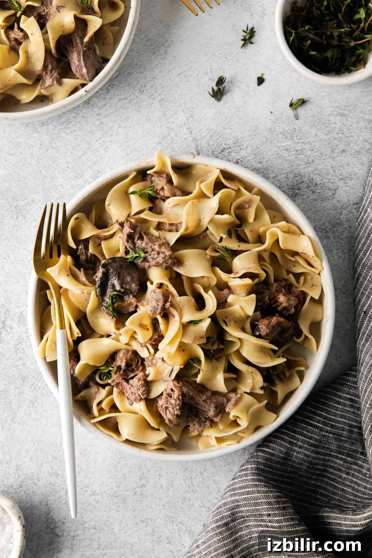 Bowl of beef stroganoff bowl of beef stroganoff with a fork