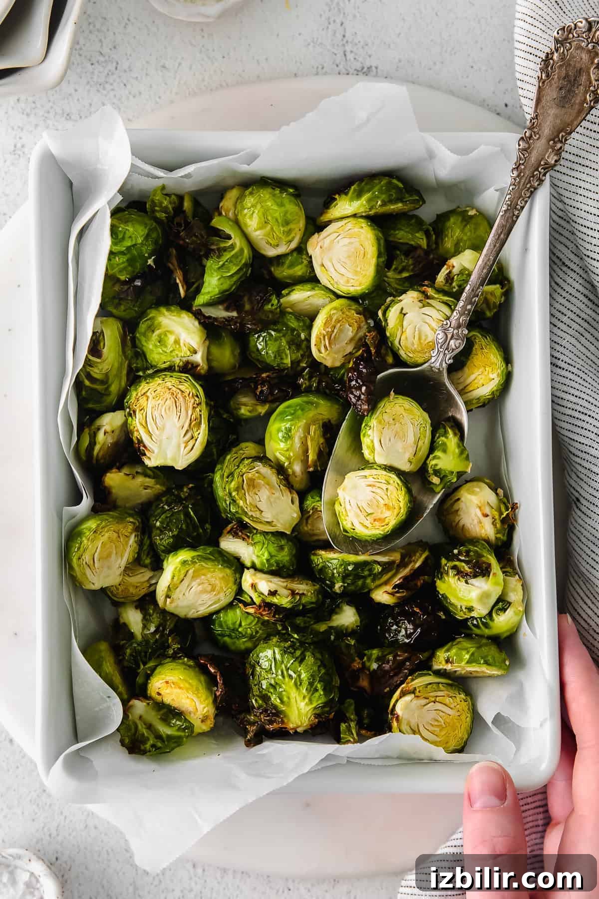 Crispy Air Fryer Brussels Sprouts Recipe 2 Air Fryer Brussel sprouts in a pan