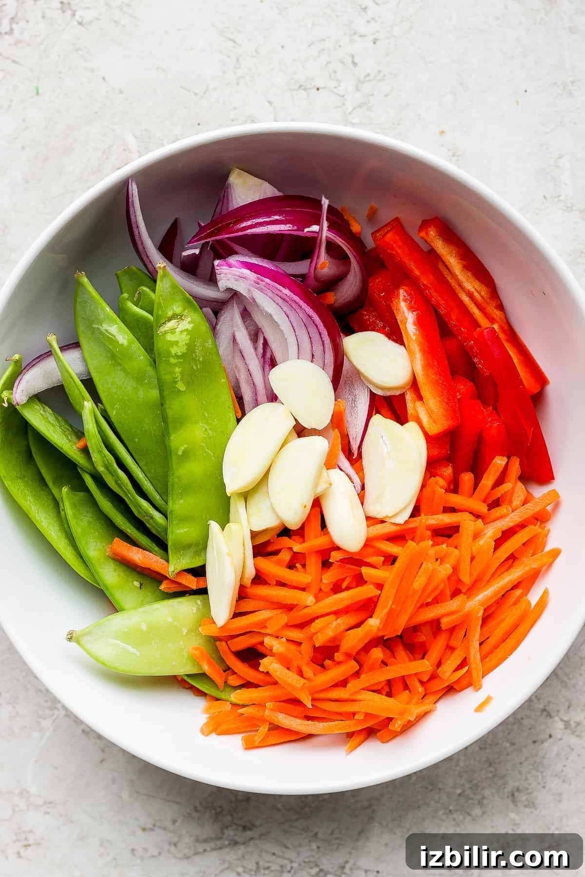 Chopped vegetables for shrimp stir fry veggies in bowl