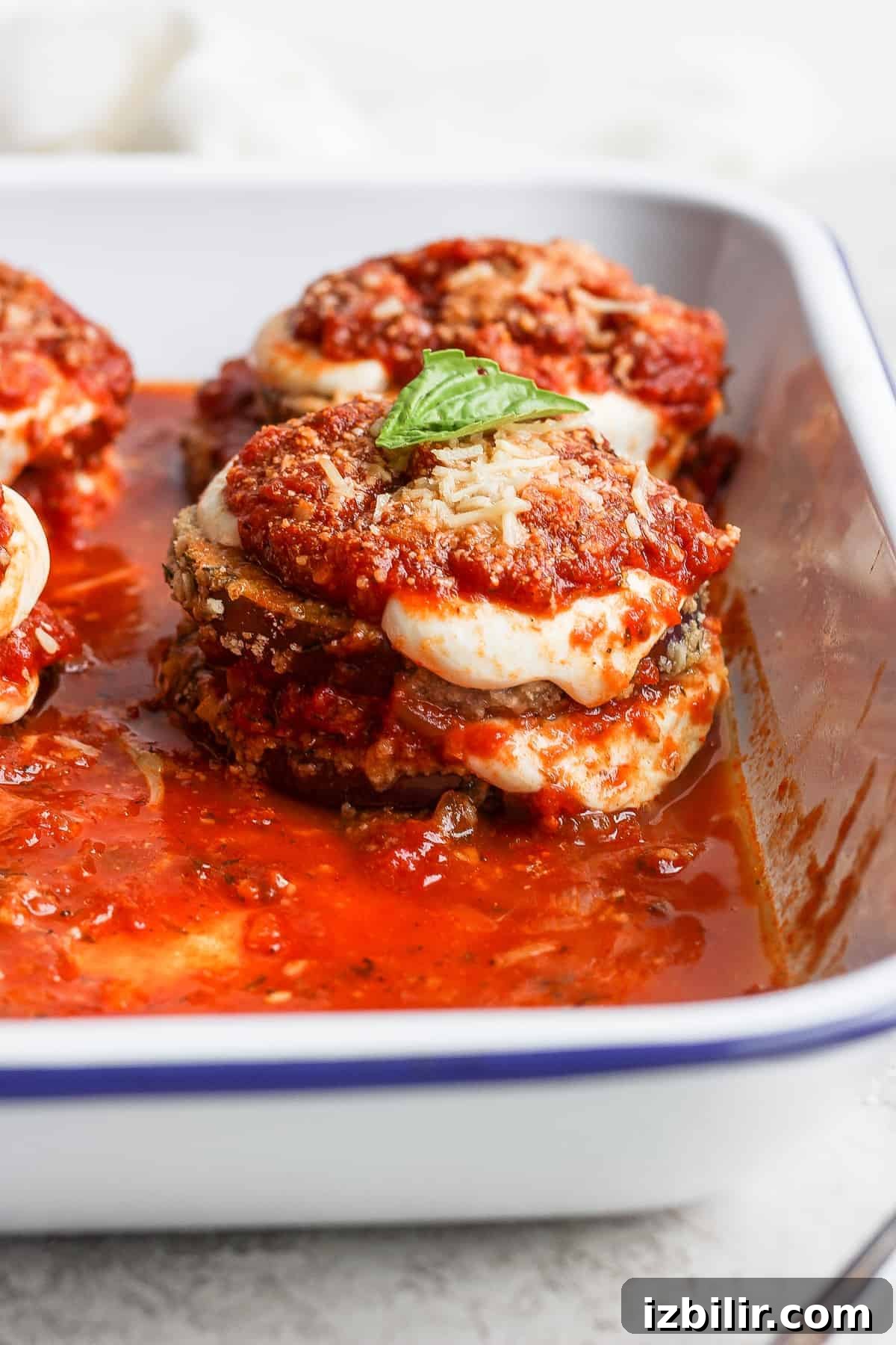 Crispy Baked Eggplant Parmesan Recipe 9 A stack of eggplant parmesan.