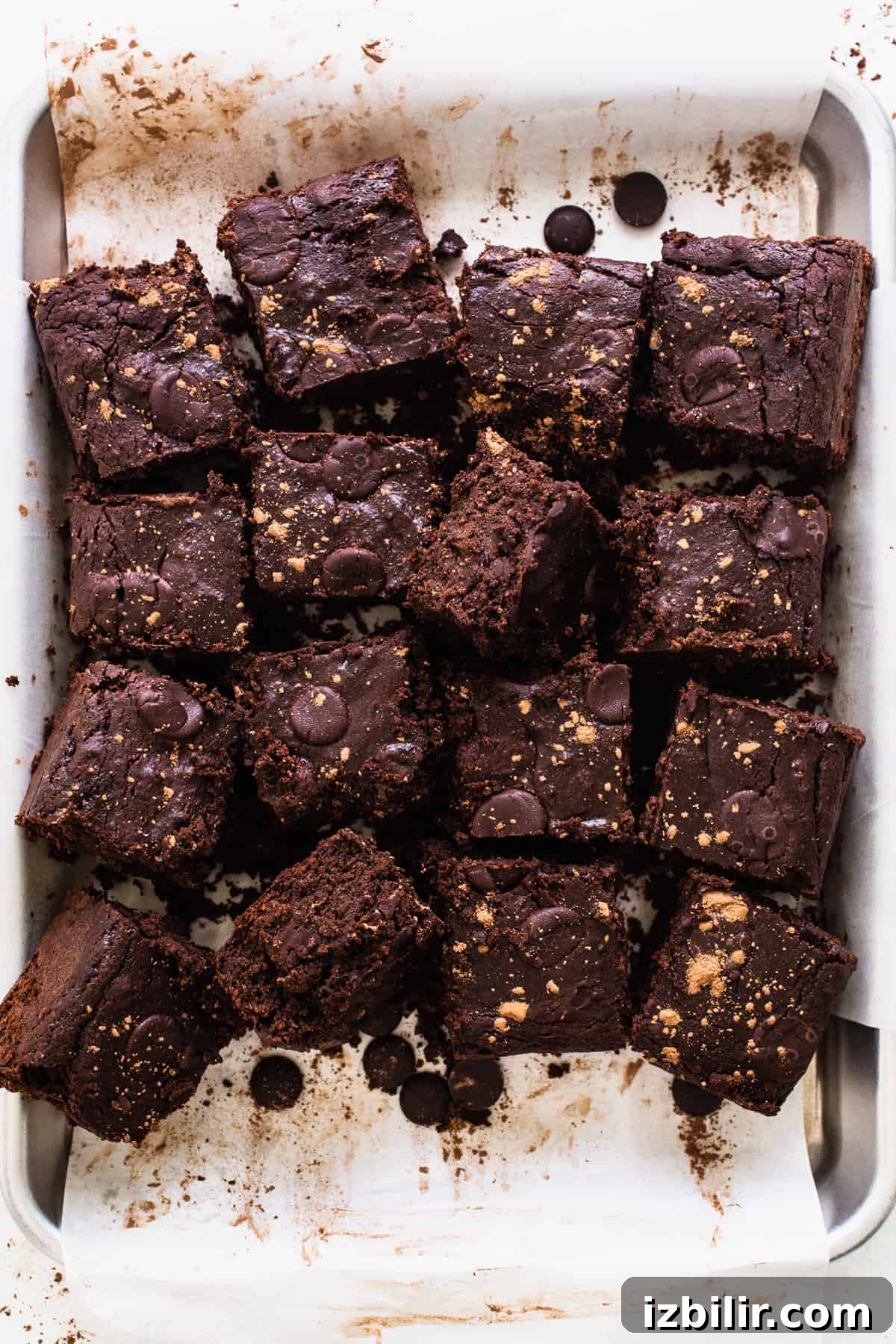 A pan filled with brownies covered in chocolate chips.