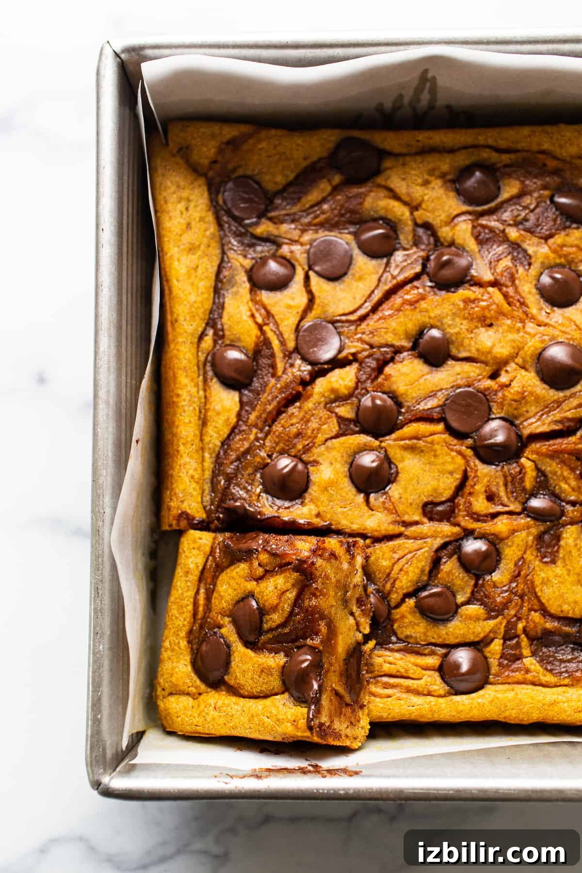 Brown Sugar Swirl Pumpkin Breakfast Cake Recipe 5 Pumpkin cheesecake bars in a baking pan with chocolate chips.