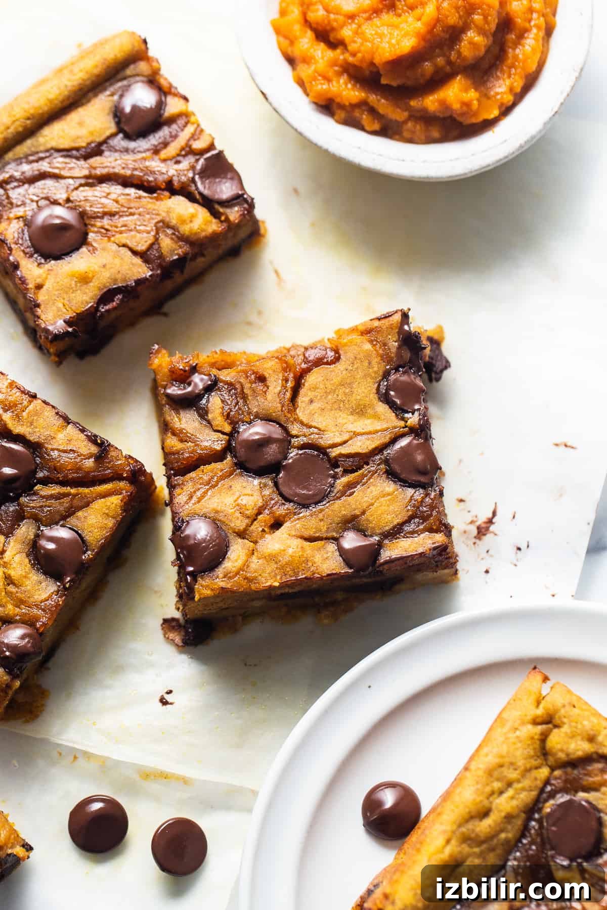 Brown Sugar Swirl Pumpkin Breakfast Cake Recipe 6 Chocolate chip cookie bars on a white plate.