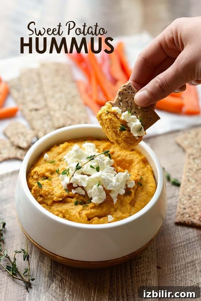 Creamy Roasted Sweet Potato Hummus Recipe with Garlic and Lemon 2 sweet potato hummus in cracker from white bowl