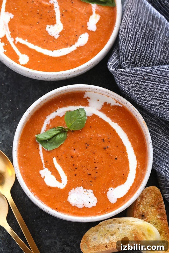 This flavorful Tomato Bisque Soup is made in under 20 minutes. Made with Greek yogurt and fresh basil, you'll get all the flavor with a healthy twist! tomato bisque in bowls