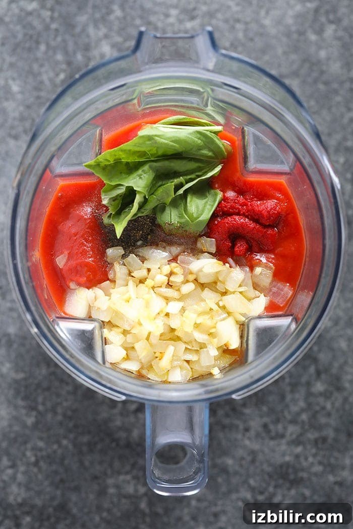 Tomato Bisque blending ingredients bisque ingredients in blender