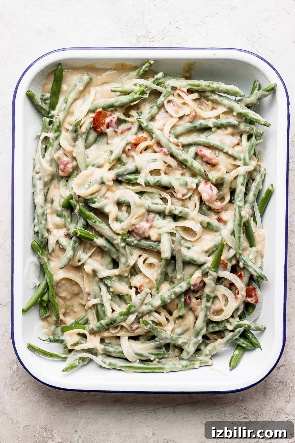 green bean casserole with bacon mixed together