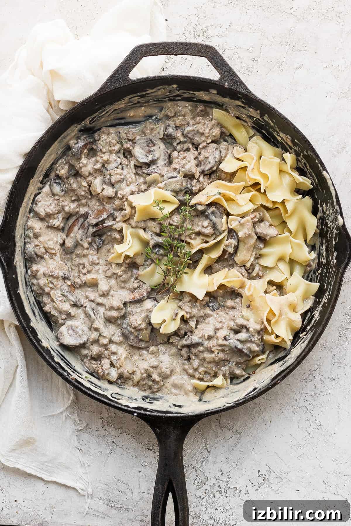 Ground beef stroganoff ready to serve ground beef stroganoff in a cast iron skillet with egg noodles